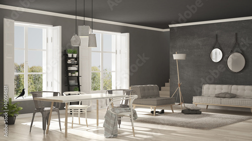 Scandinavian living room with big windows, garden panorama in background, minimalist white and gray interior design