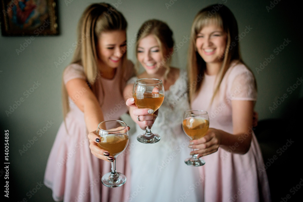 Bride and bridesmaids in pink dresses hold glasses with apple juice Bride and bridesmaids in pink dresses hold glasses with apple juice