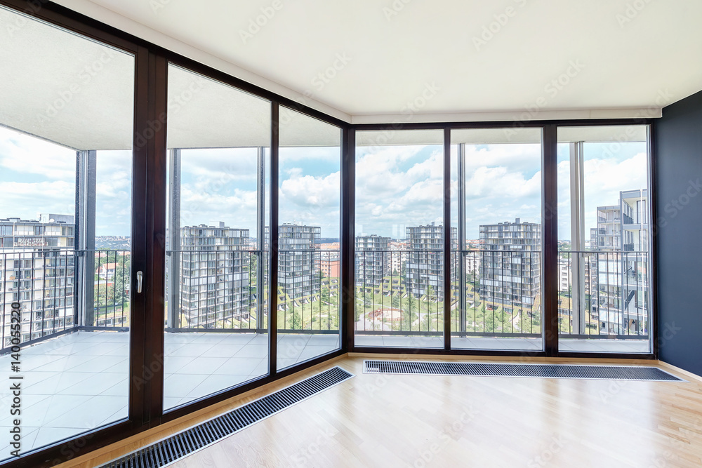 Fototapeta premium Modern white empty loft apartment interior, living room, hall, ace panorama, Overlooking the metropolis city
