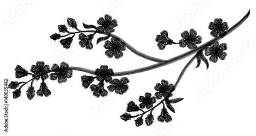 Embroidery blossoming cherry branches on a black background. black petals fall off. fashion clothing decoration. traditional pattern.