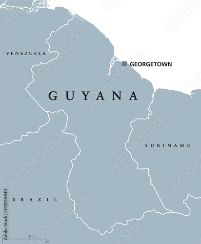 Guyana political map with capital Georgetown and national borders. Republic, country and sovereign state on northern mainland of South America. Gray illustration over white. English labeling. Vector.
