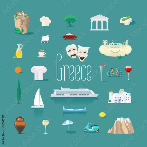 Set of icons with Greek landmarks in vector