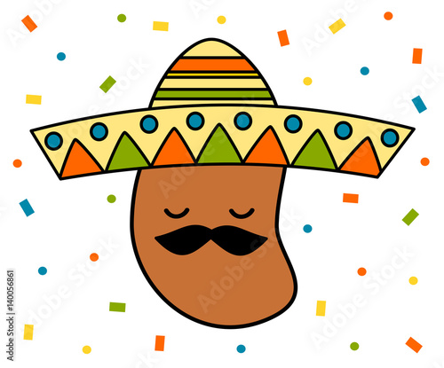 cute cartoon mexican bean with sombrero funny colorful vector illustration