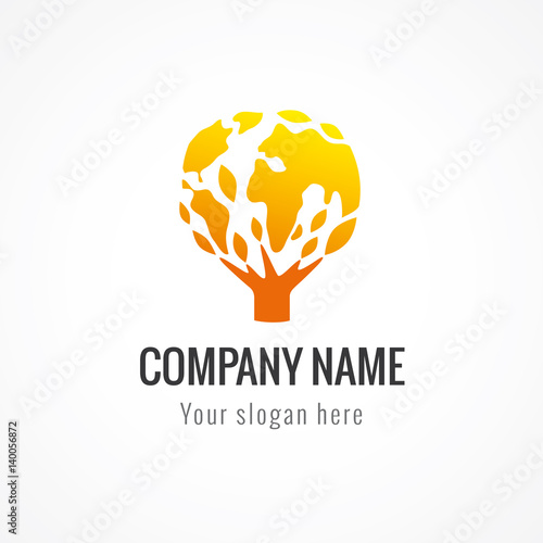 Globe tree vector logo. Environmental or green energy sign, global business branding identity, natural products idea. Tree of life. Earth in the shape of leaves.