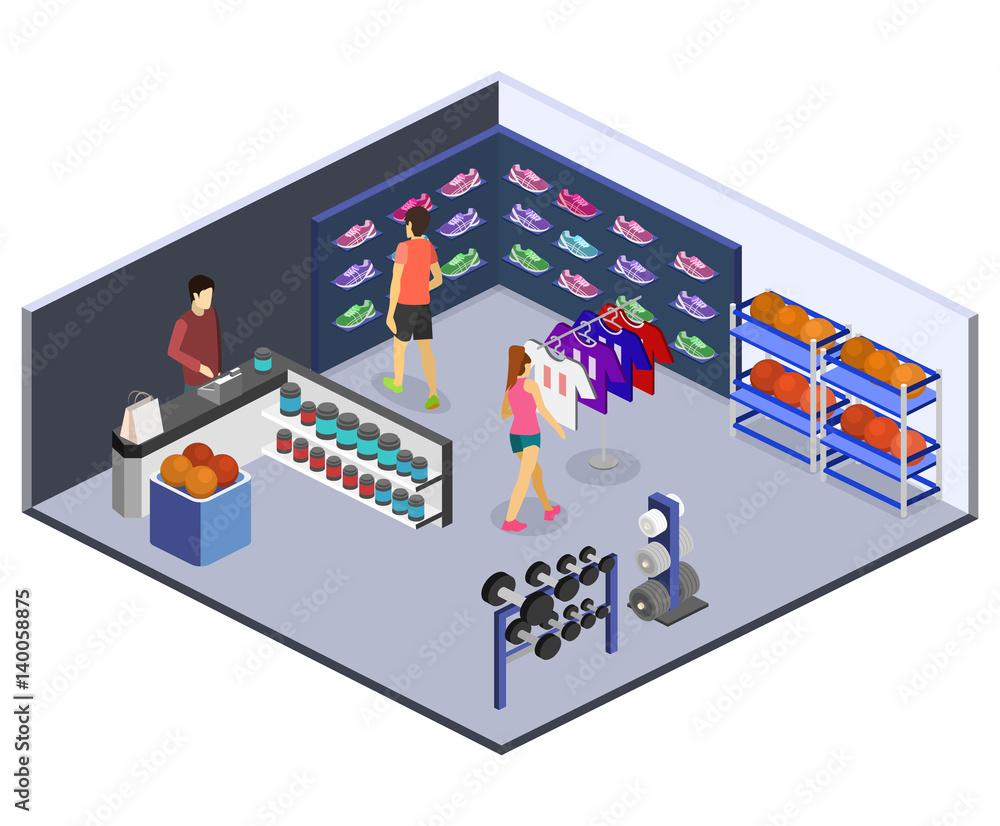 Isometric flat 3D vector interior goods for the sports shop. Isometric flat 3D vector interior goods for the sports shop.