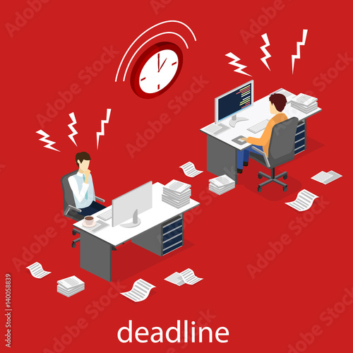 Isometric flat 3D Deadline Concept of overworked man.