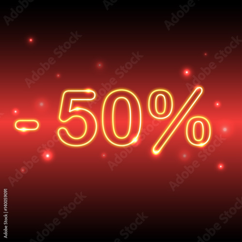 Neon icon Sale Vector illustration Bright neon yellow icon with the inscription -50 percentages on red gradient background