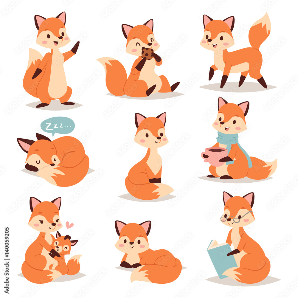 Fox cute adorable character doing different activities funny happy nature red tail and wildlife orange forest animal style graphic vector illustration.