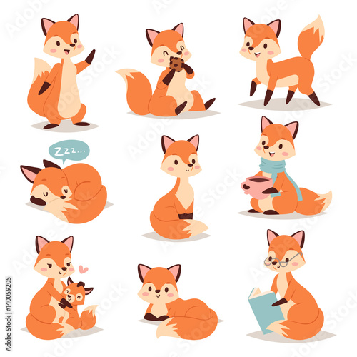 Fox cute adorable character doing different activities funny happy nature red tail and wildlife orange forest animal style graphic vector illustration.