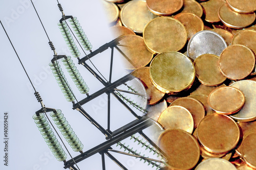 Electric and wires on a background of money . The concept of raising electricity tariffs photo