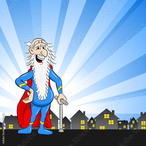 alter Cartoon Super Held mit Umhang vor einer Stadt