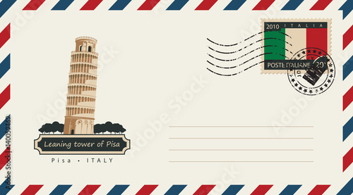 an envelope with a postage stamp with leaning tower of Pisa, and the flag of Italy