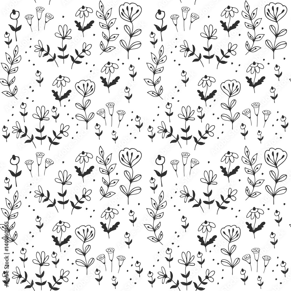 Floral pattern. Black and white botanic background. Vector illustration.