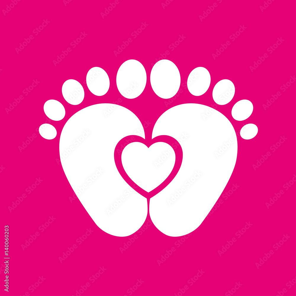 Icono plano pies de bebé con corazon blanco, en fondo rosa