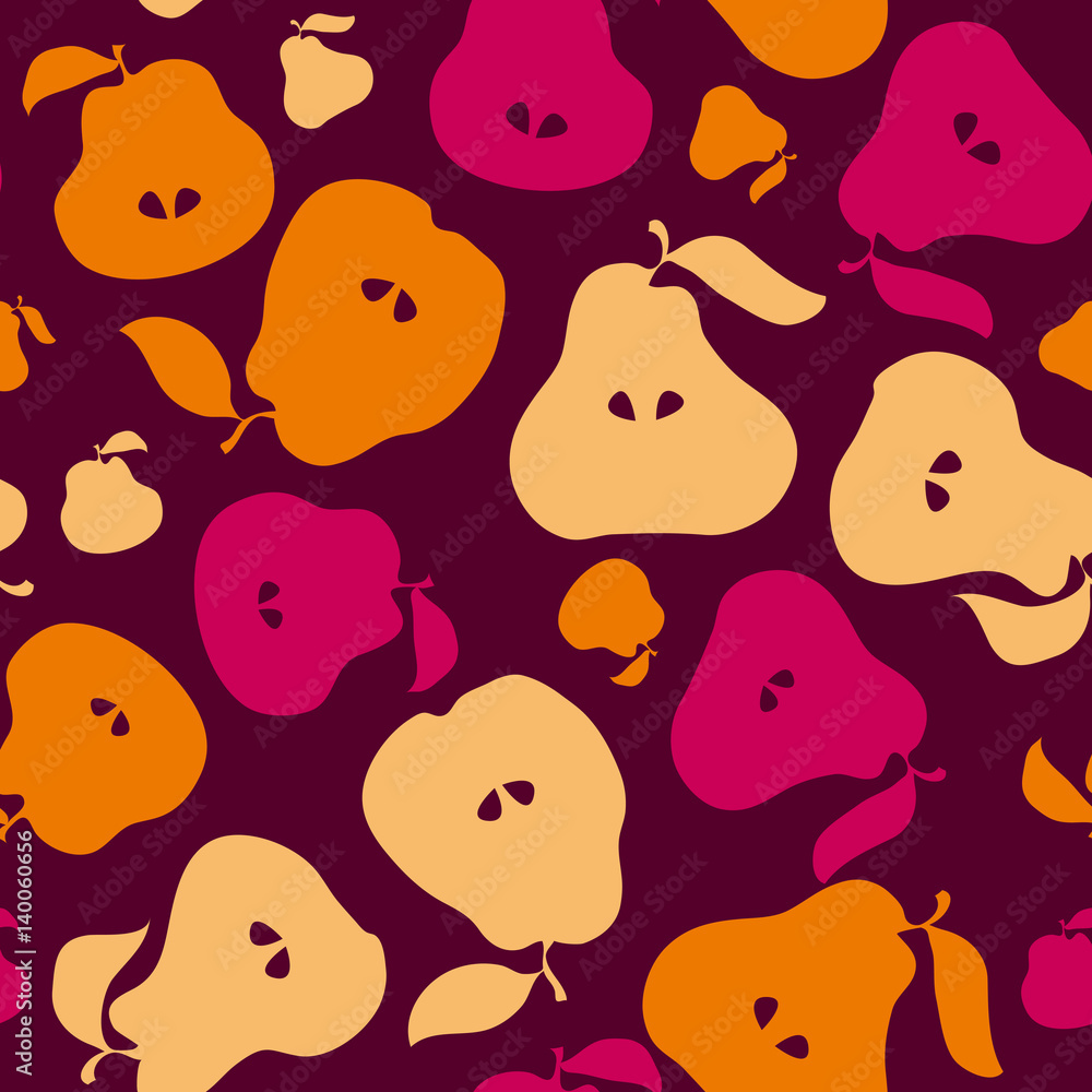 Fototapeta premium Red simple flat peir fruit seamless pattern for fabric, kitchen supplies, wrapping paper. Repeatable surface design in naive retro inspired style
