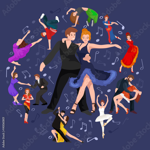 Happy Salsa dancers couple isolated on white icon pictogram, man and woman in dress dancing with passion
