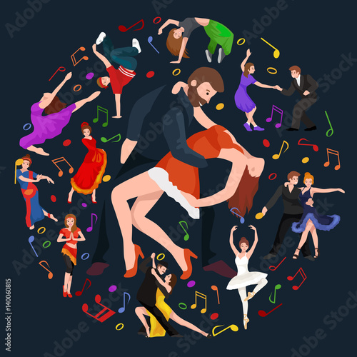 Group of dancing people, yong happy man and woman dance together  in a couple, girl sport dancer