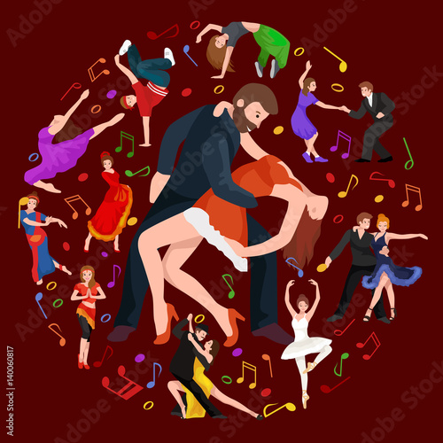 Group of dancing people, yong happy man and woman dance together  in a couple, girl sport dancer