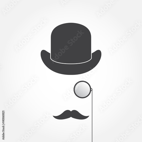 Hat, monocle, mustache. Old fashioned gentleman accessories icons set. Vintage style. Vector illustration.