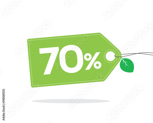 Green price tag label with 70% text and stitches on it and with a leaf and shadow isolated on white background. For spring and summer sale campaigns.