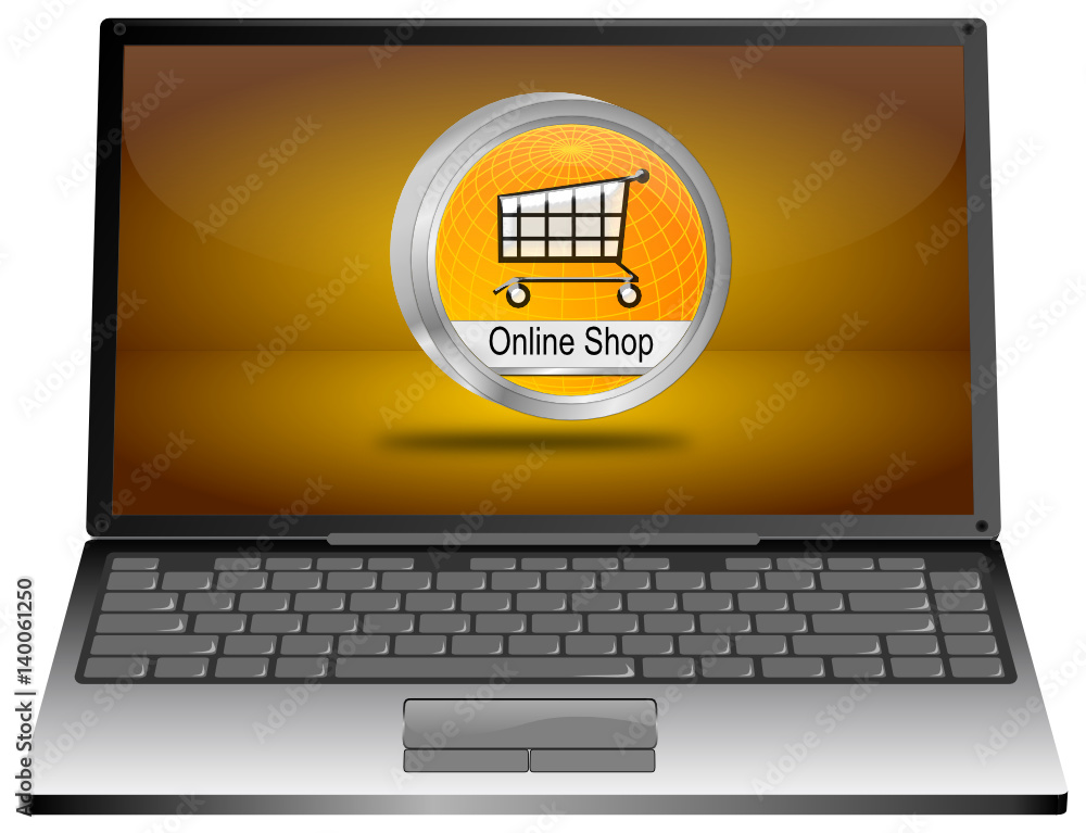Laptop Computer with online Shop Button - 3D illustration Laptop Computer with online Shop Button - 3D illustration