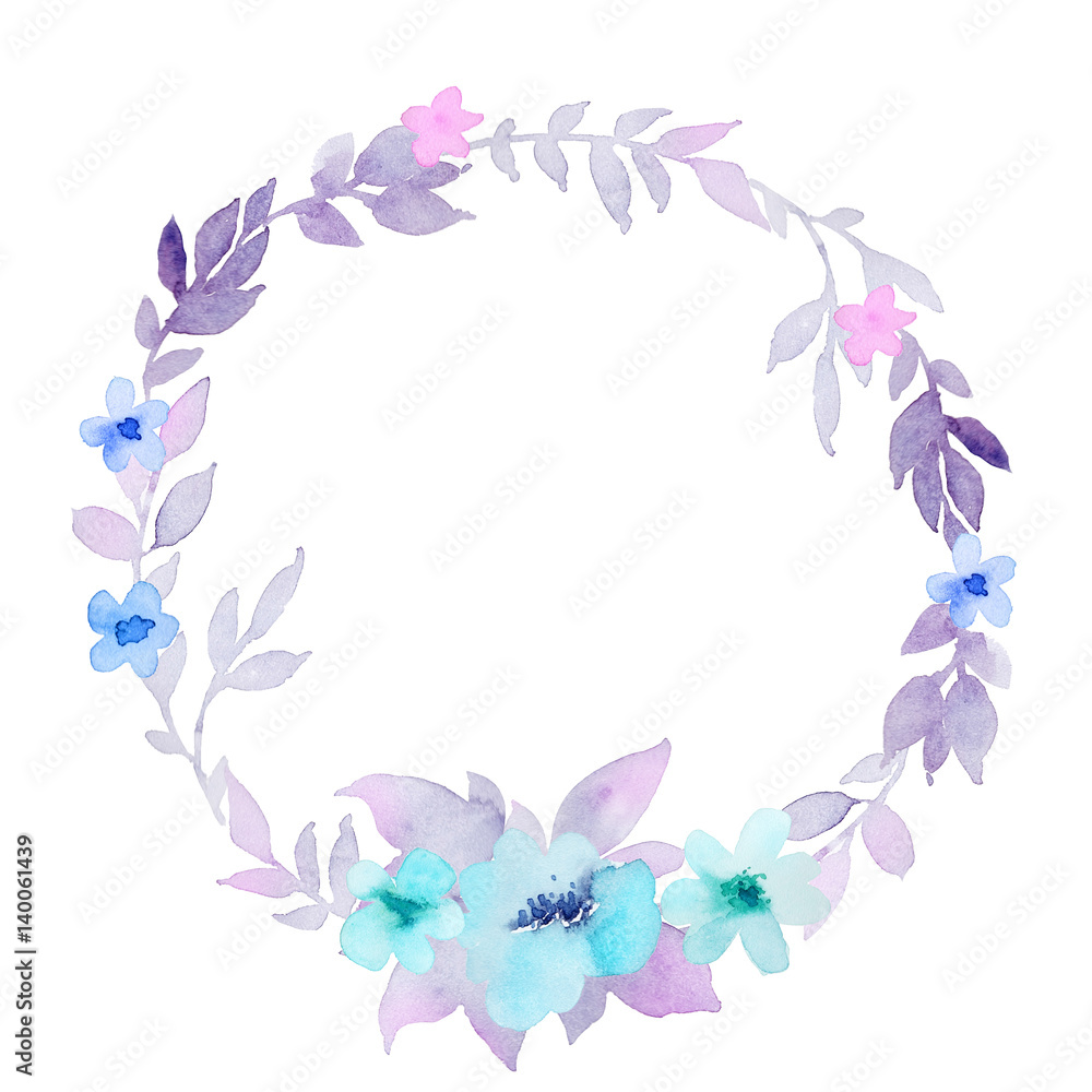 Pastel wreath of flowers on a white background. Watercolor illustration