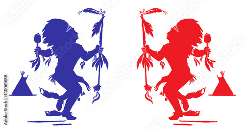 Two Indians perform a traditional dance in celebration of North American Indian pow wow. Blue and red colors represent the seasons (winter and summer).