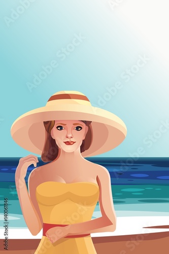 Красивая девушка в шляпе на пляжном отдыхе круиз, море вектор
