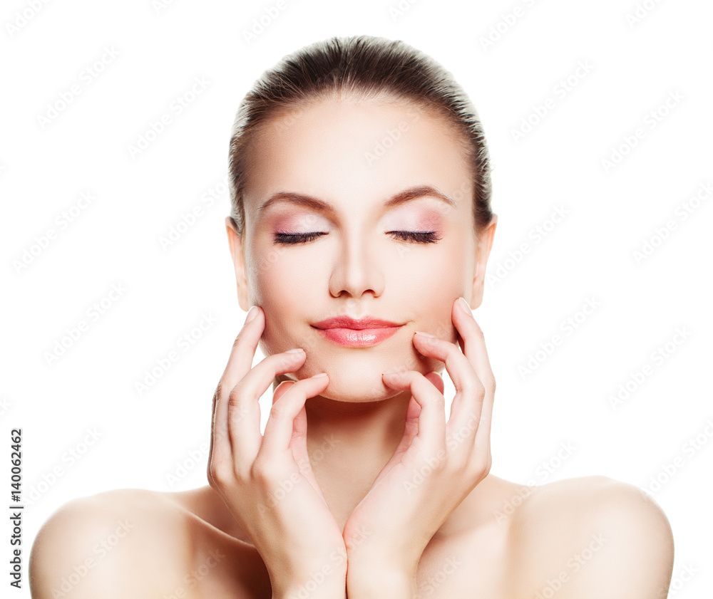 Relaxing Spa Model Woman with Healthy Skin Touching her Hands her Face Isolated Relaxing Spa Model Woman with Healthy Skin Touching her Hands her Face Isolated