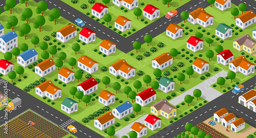 Country village district isometric illustration of a rural area with many buildings and houses, streets, trees and vehicles