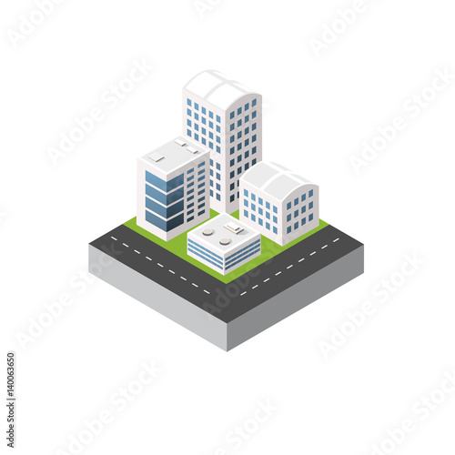 Isometric 3D icon city urban area with a lot of houses and skyscrapers, streets, trees and vehicles