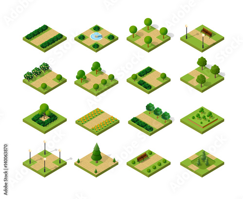 Set of 3D isometric urban parks. City natural ecological landscapes of town infrastructure.