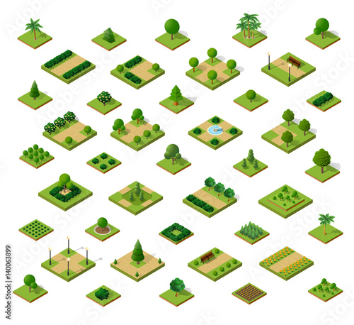 Set of 3D isometric urban parks. City natural ecological landscapes of town infrastructure. 