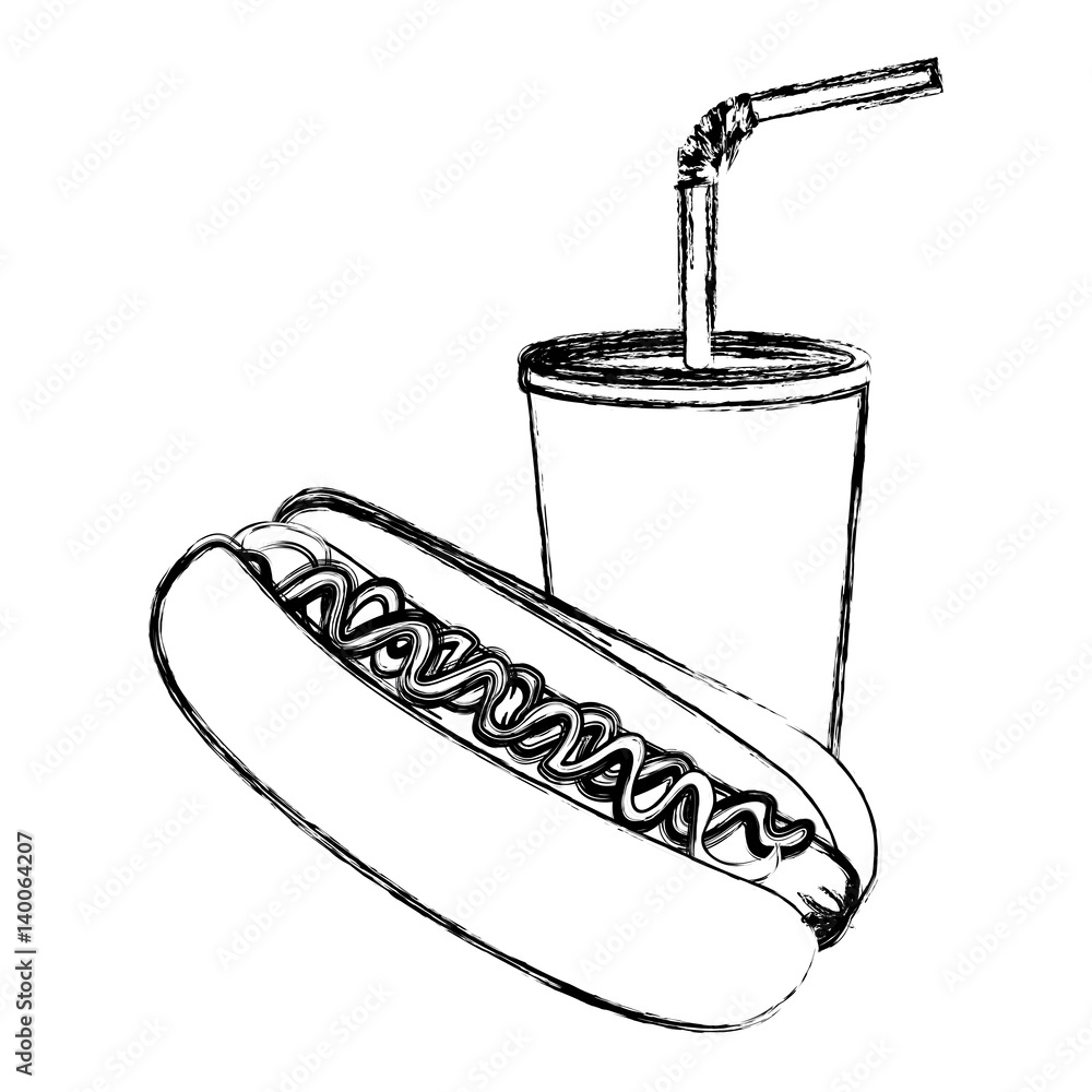 monochrome sketch of soda with straw and hot dog vector illustration monochrome sketch of soda with straw and hot dog vector illustration