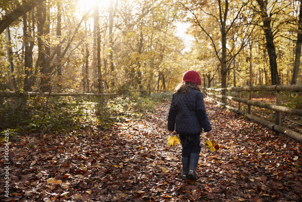 Young Girl Walking Along Path Through Autumn Countryside