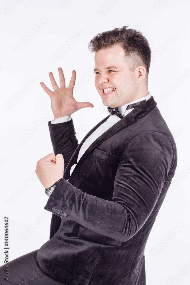 businessman holding raised arms and hands up. emotions, facial expressions, feelings, body language, signs. image on a white studio background. businessman holding raised arms and hands up. emotions, facial expressions, feelings, body language, signs. image on a white studio background.