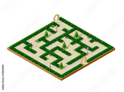 Isometric urban entertainment amusement park maze garden with paths and lawns and trees. City natural ecological landscapes