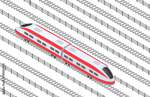 Illustration isometric high-speed train on the tracks in the city quarter