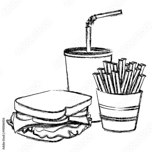 monochrome sketch of sandwich with french fries and soda vector illustration