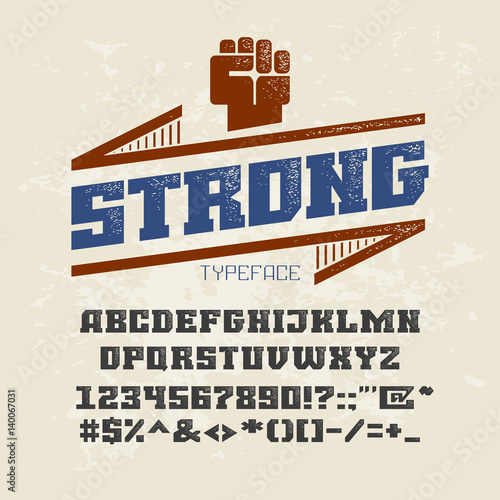 Bold serif typeface. Uppercase letters, numbers and symbols