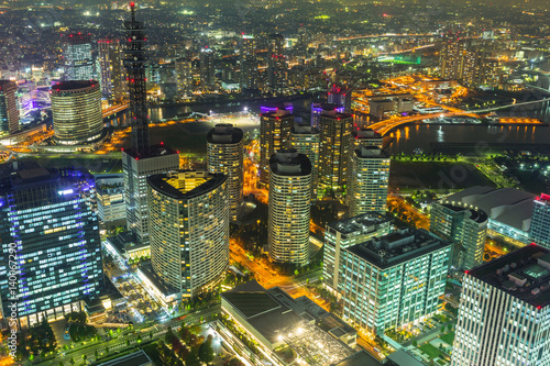 Aerial view of Yokohama city at night, Japan