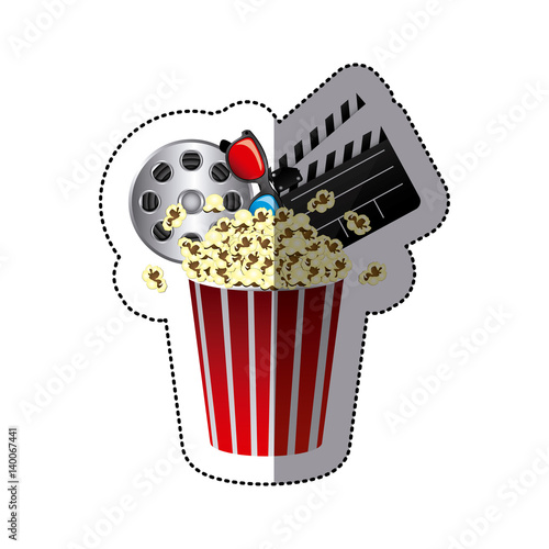 sticker color with popcorn cup with cinematography tape and clapper board vector illustration