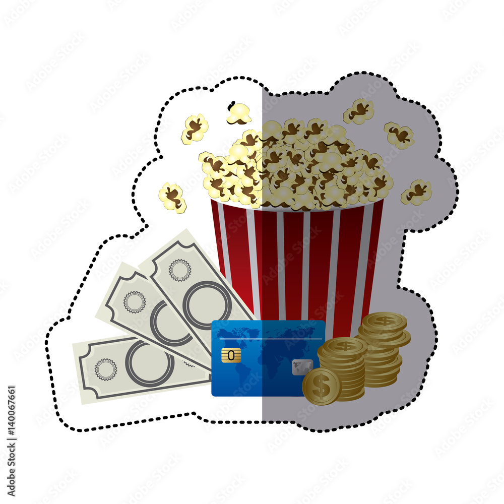 sticker color with popcorn cup with money and movie tickets vector  illustration Stock Vector | Adobe Stock