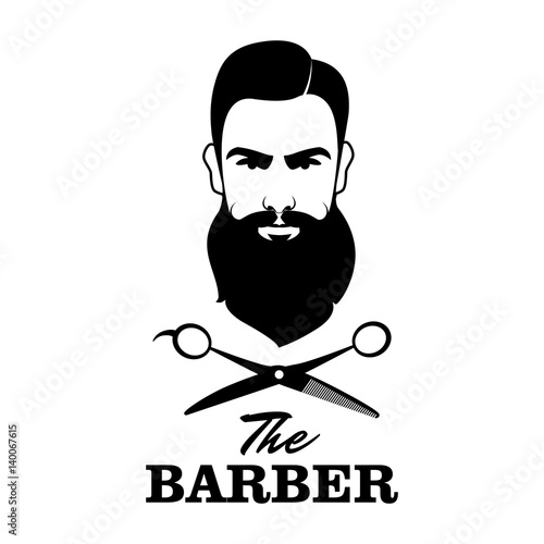 The Barber. Handsome man with beard and mustache. Scissors. Barber shop symbol.