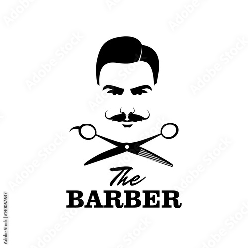 Obraz Fryzjer. Przystojny mężczyzna z wąsem. Nożyczki. Symbol sklepu fryzjer.