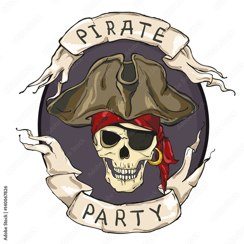 Pirate party, oval emblem, skull on dark background and two tapes