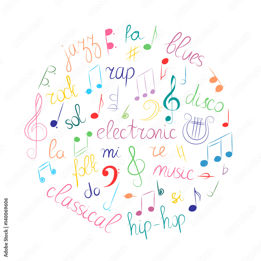 Colorful Hand Drawn Set of  Music Symbols.  Doodle Treble Clef, Bass Clef, Notes and Music Styles Arranged in a Circle. Vector Illustration.