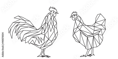 Illustrazione geometrica di un gallo e una gallina, file vettoriale