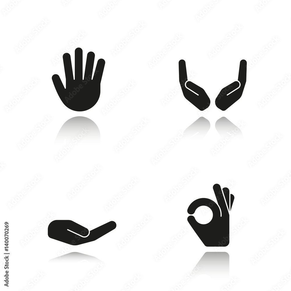 Hand gestures drop shadow black icons set Hand gestures drop shadow black icons set