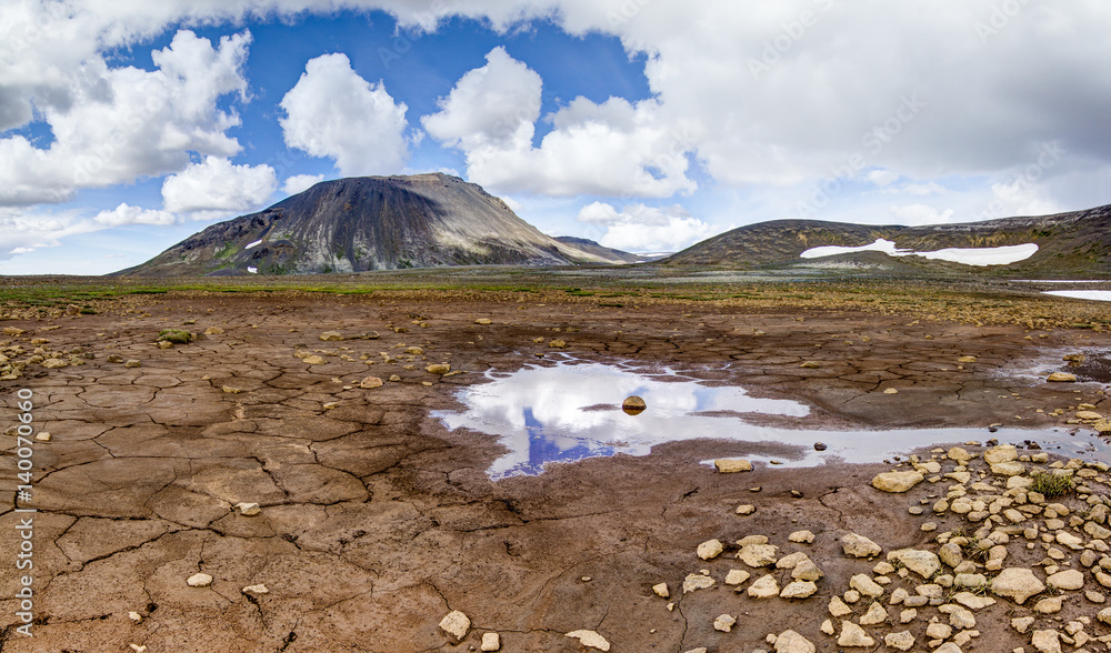 Patternd ground with mud cracks in beautiful primordial icelandic landscape. Iceland